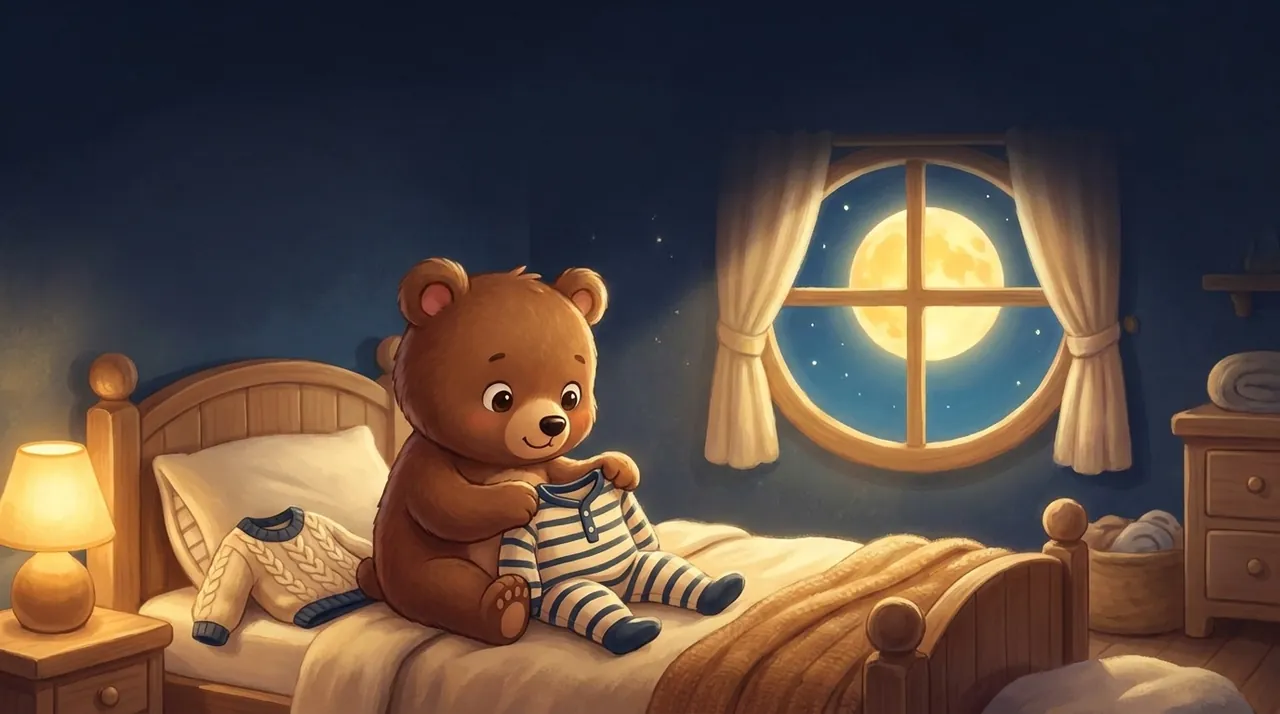 Une famille installée pour le soir : un enfant en pyjama, une petite lampe douce et un livre, dans une chambre tamisée.