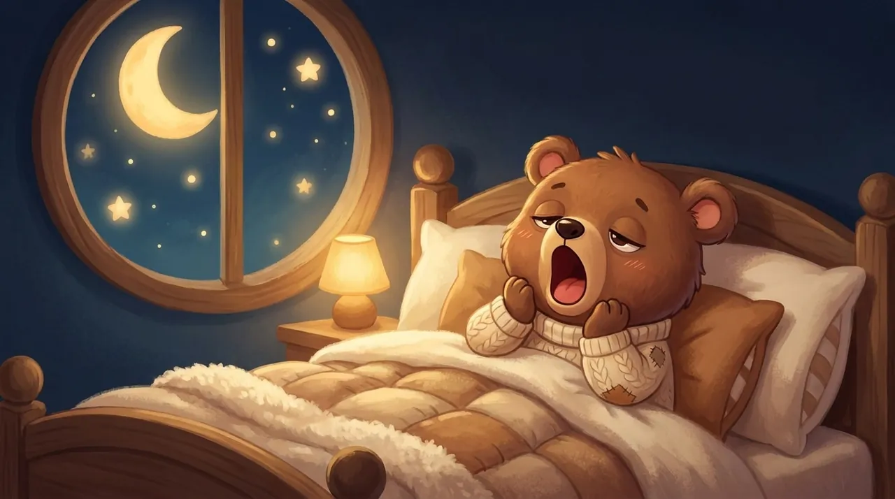 Un enfant qui bâille de fatigue en se frottant les yeux, dans une chambre douce au moment du coucher.