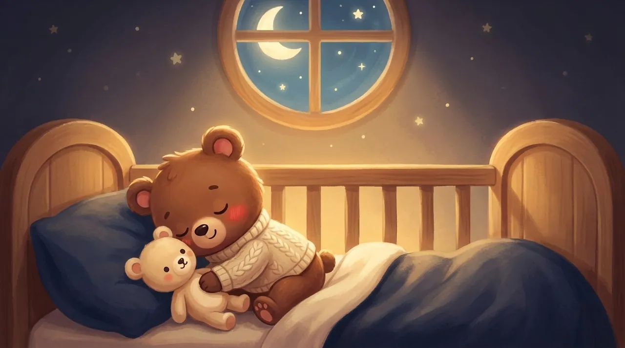 Un pequeño de 3 años abrazando su peluche en una cama acogedora, con una lamparita suave al lado.