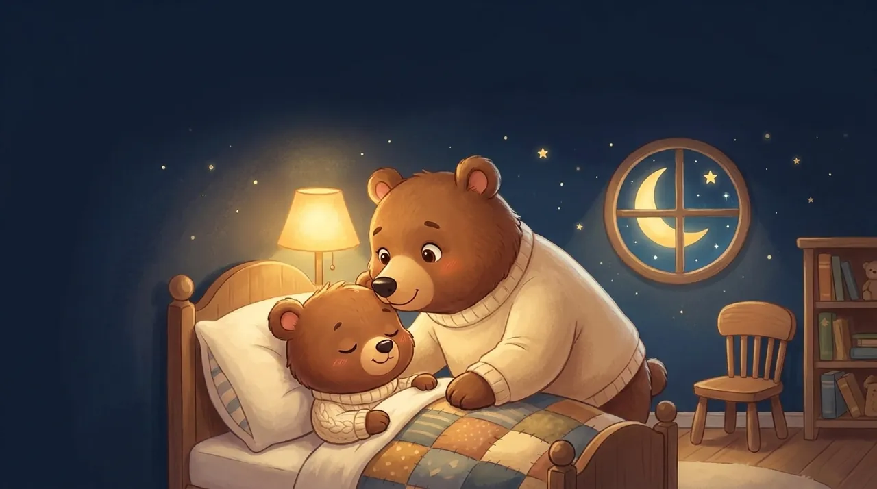 Um adulto dando um beijo na testa de uma criança adormecida, na luz suave de um quarto à noite.