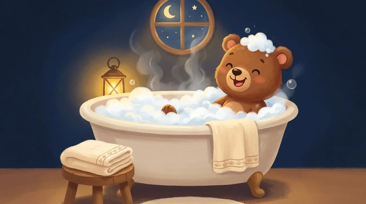 Un bambino allegro nel suo bagnetto della sera, circondato di schiuma, in un bagno accogliente dalla luce dolce.