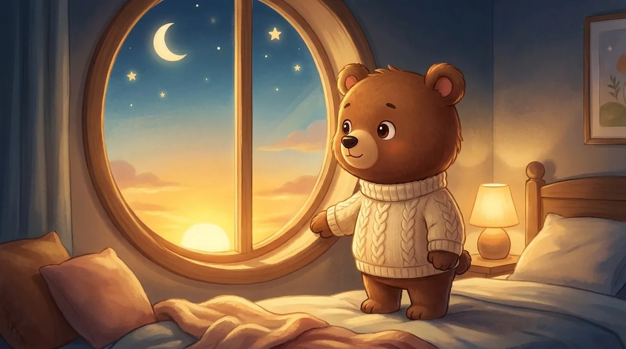 A child's bedroom window showing a sky shifting from orange sunset to starry night.
