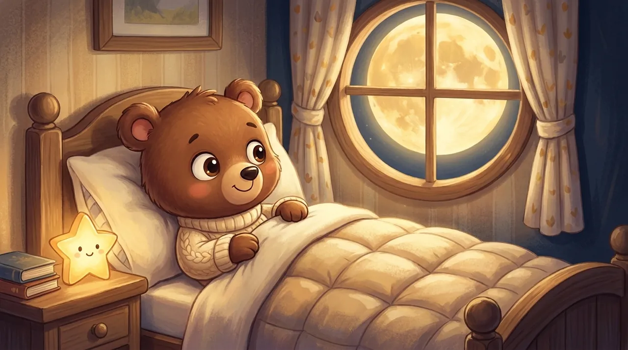 Un conejito en su cama por la noche, con una lucecita suave al lado, que mira la sombra tranquilizadora de su peluche.