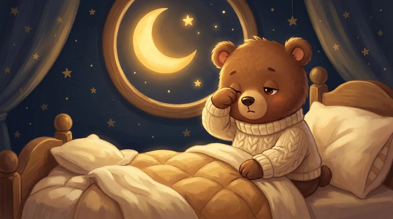 Eine kleine Füchsin sitzt mitten in der Nacht ruhig in ihrem Bett, ihr Nachtlicht verbreitet ein goldenes, beruhigendes Licht.