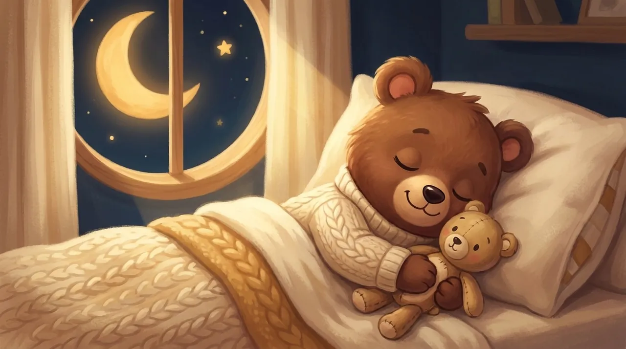 Un osito dormido en su cama por la noche, abrazando tiernamente su peluche contra la mejilla bajo una luz suave.