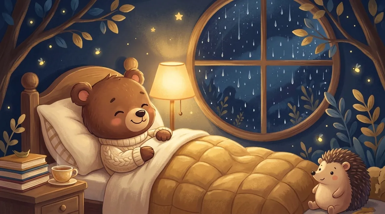 Un piccolo riccio rannicchiato nel suo letto durante un temporale di notte, rassicurato dalla luce soffusa di una lucina, con la finestra rigata di pioggia.