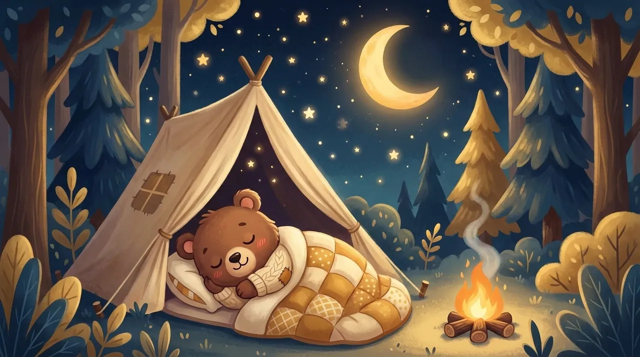 Una piccola volpe sistemata in un sacco a pelo sotto una tenda aperta, di notte, che guarda il cielo stellato sopra il bosco.