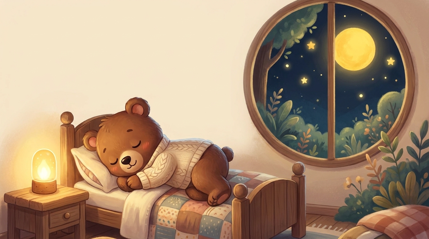 Eine kleine Füchsin, schlafend in ihrem kuscheligen Bett bei Nacht, unter einem runden Fenster, durch das der Mond und die Sterne leuchten.