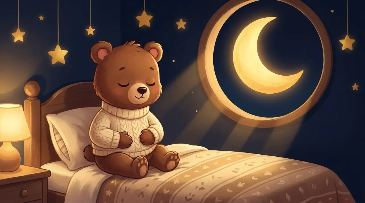 A little character lying in bed, both hands resting on their belly, breathing gently under a night-light, their parent smiling beside them.