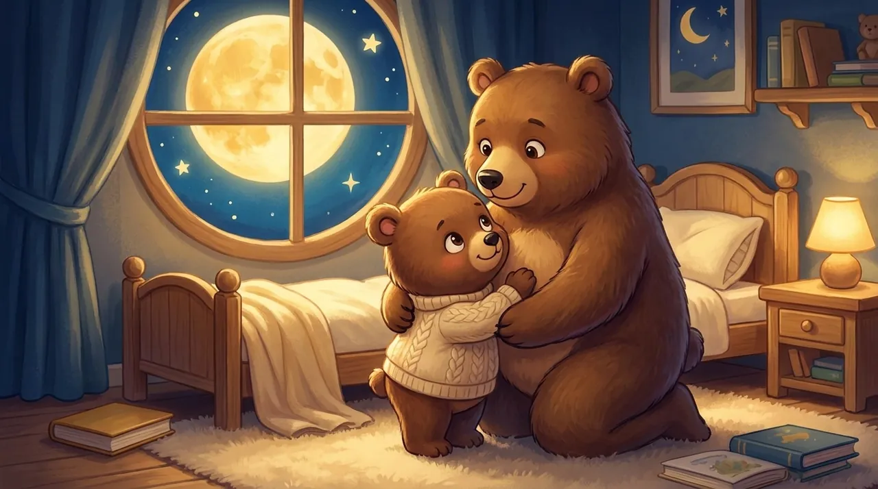 A little character holding their parent's hand at the edge of the bed, a comfort toy hugged close, in a room lit by a night light.