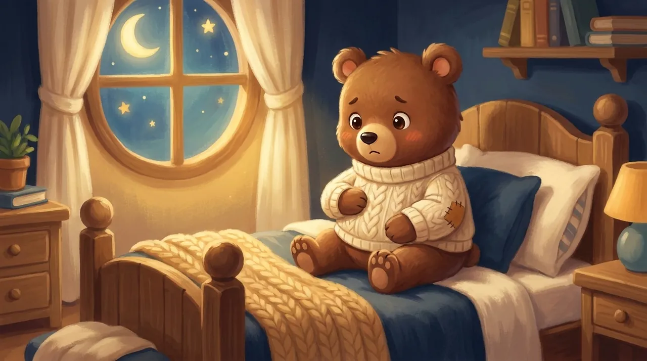Un petit personnage assis sur son lit le soir, une main posée sur son ventre, son parent agenouillé près de lui dans une lumière douce.