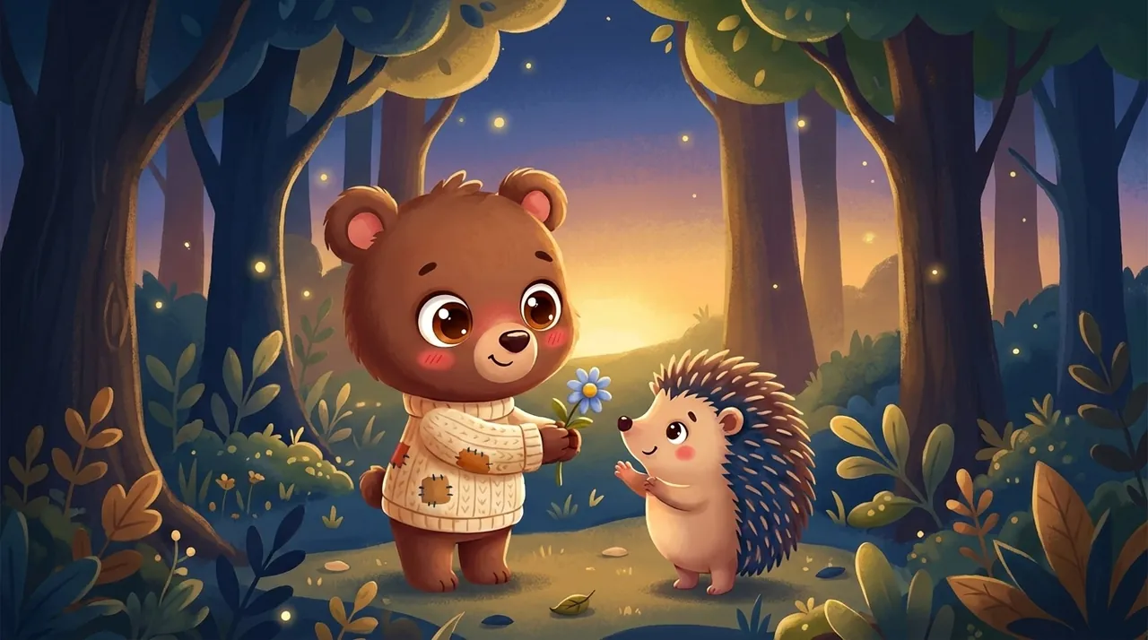 Two little characters reconciled, one holding out a hand to the other near a rebuilt block tower, in the warm light of evening.