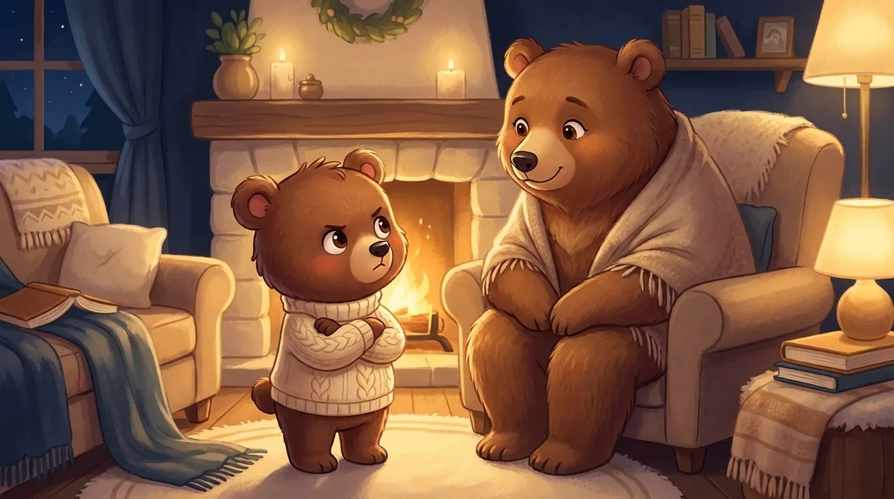 Un petit personnage boudeur, bras croisés et tête baissée, son parent accroupi à sa hauteur avec un regard patient, dans une lumière douce.