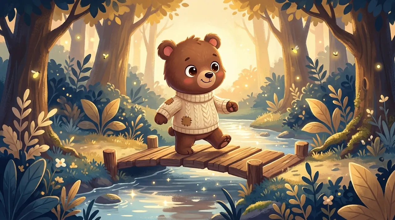 Un petit personnage concentré qui tente de lacer ses chaussures, son parent encourageant à ses côtés avec un sourire fier, dans une lumière chaleureuse.