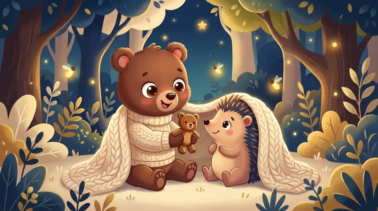 Dois pequenos personagens sentados no chão passam um brinquedo um para o outro, revezando-se e sorrindo, com o pai zelando ao fundo numa luz suave.