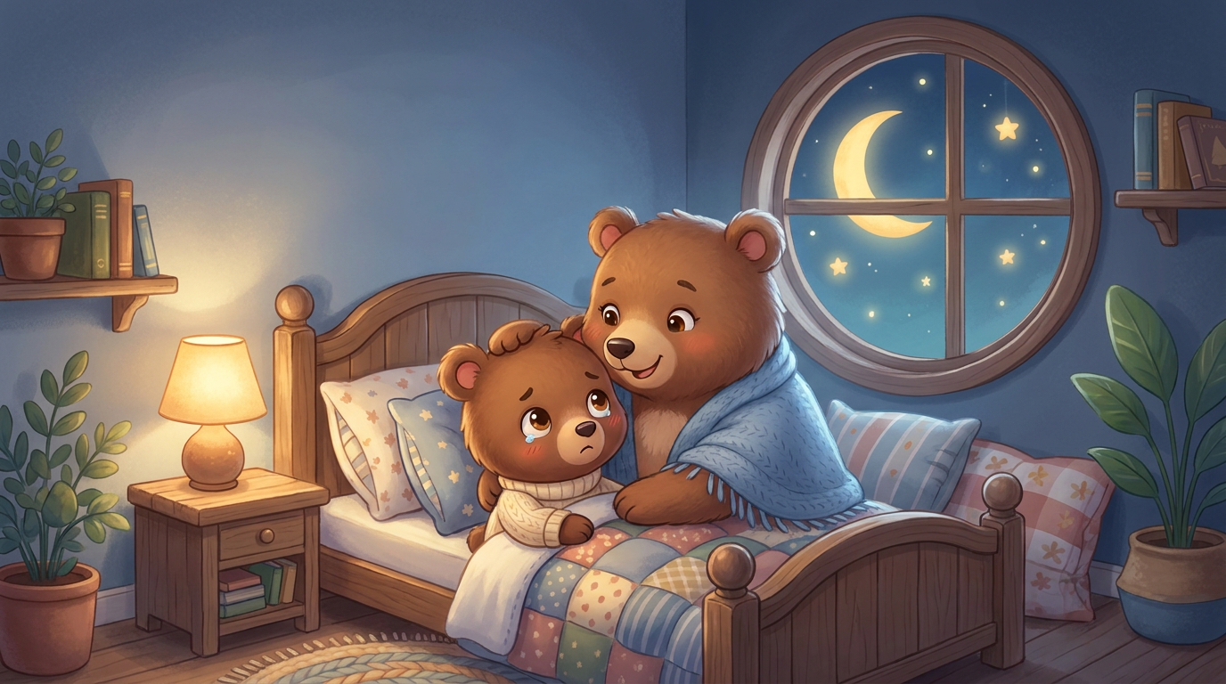Un petit personnage assis dans son lit le soir, une main posée sur le ventre, regardant la lune à travers la fenêtre, l'air apaisé.