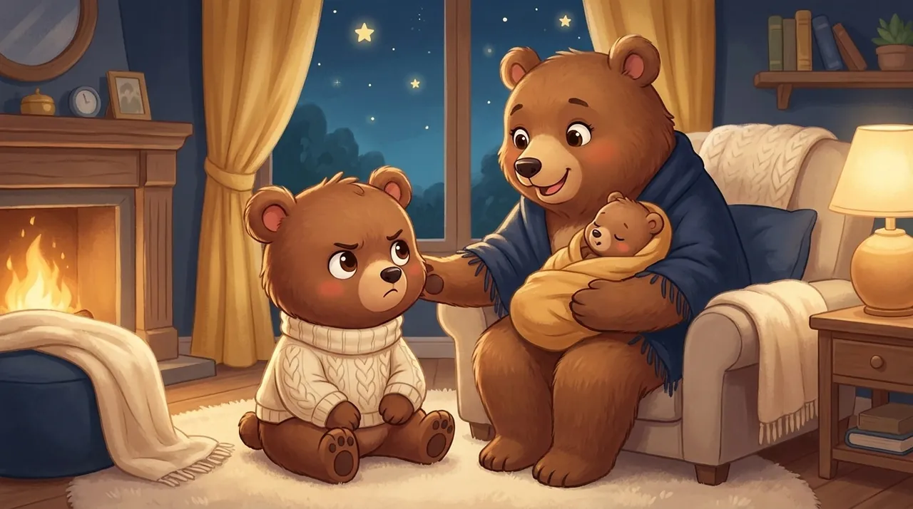 Un bambino piccolo osserva, con aria pensierosa, i suoi genitori che si prendono cura di un bebè, in una cameretta dai toni delicati.