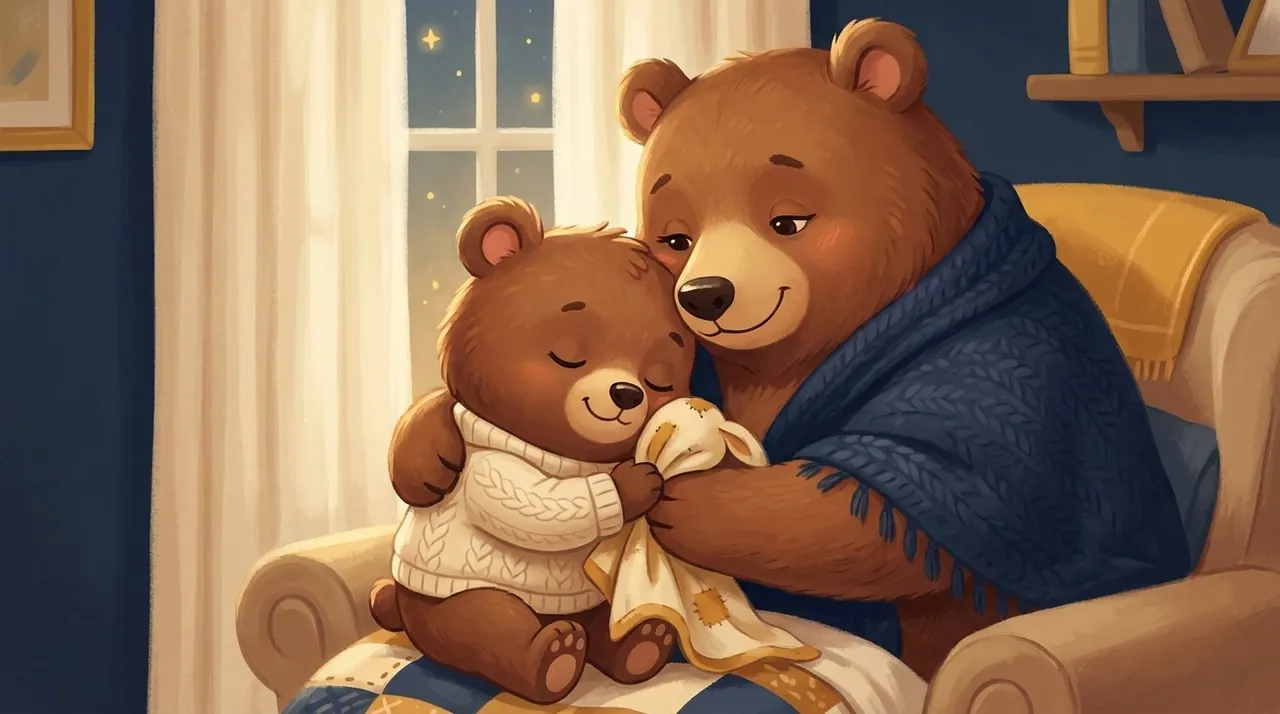 Un jeune enfant blotti contre un parent dans une lumière douce du soir, son doudou serré contre lui.