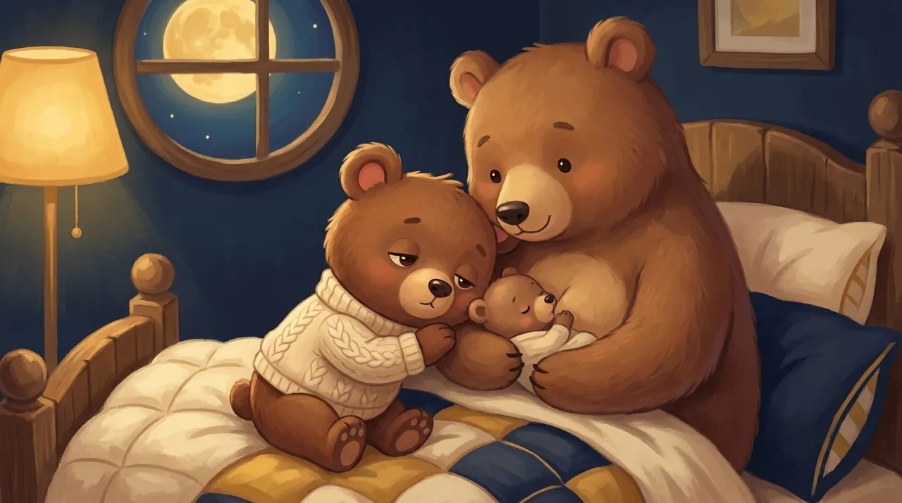 A tired, tender parent watches over a sleeping newborn in a dimly lit room, in the middle of the night.