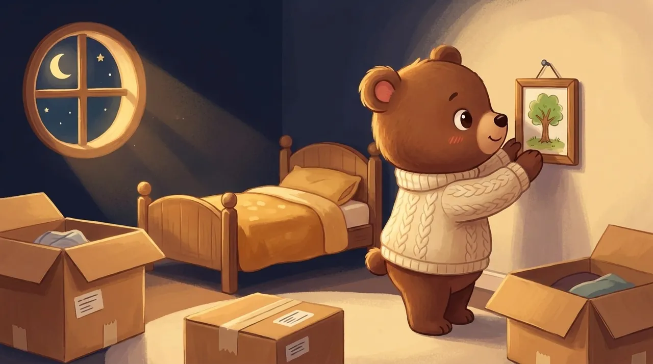 Un bambino scopre la sua nuova cameretta di notte, con il suo peluche e la sua copertina familiare posati sul letto.