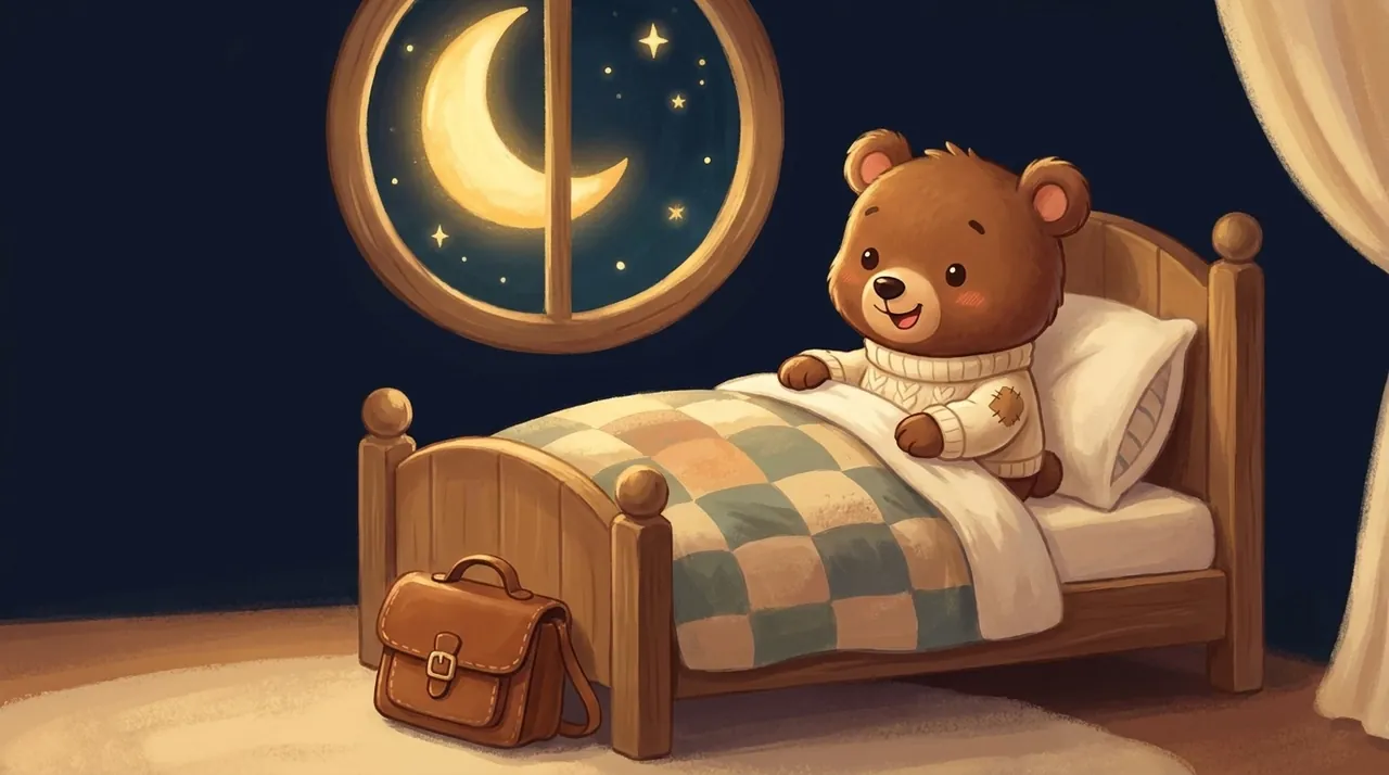 Uma criança dorme tranquilamente em sua cama de manhã cedo, com uma mochila escolar perto da porta do quarto.