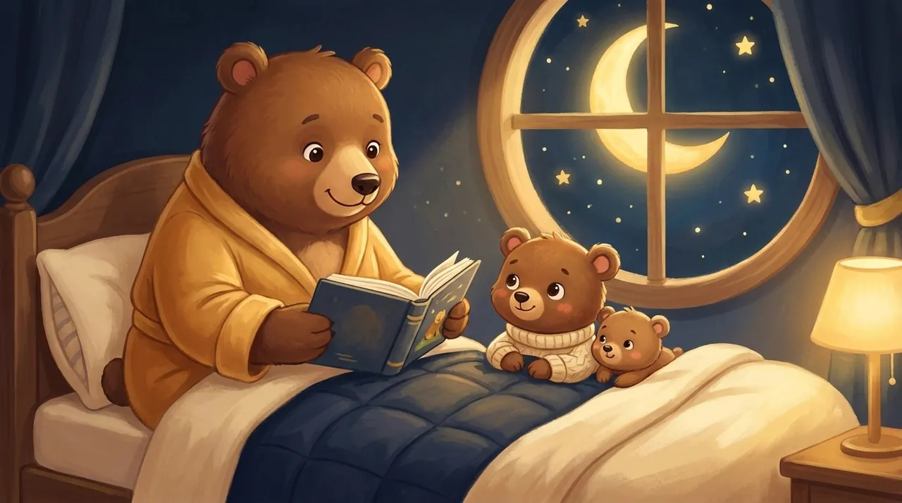 Zwei Kinder liegen nebeneinander in ihren Betten und hören eine Gutenachtgeschichte in einem sanft beleuchteten Zimmer.