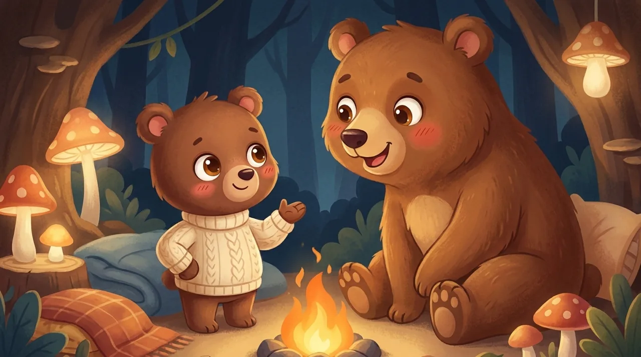 A parent crouching down to their child's level, talking to them calmly and kindly in the living room, warm light.