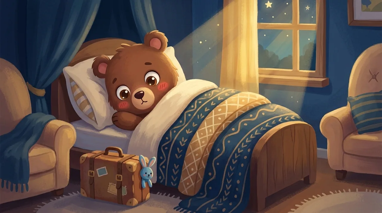Ein kleiner geöffneter Koffer auf einem Kinderbett, mit einem Kuscheltier darauf, in einem gedämpft beleuchteten Abendzimmer.