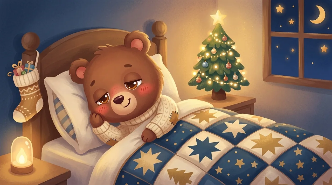 Una habitación infantil con luz tenue la noche de Navidad, con una guirnalda luminosa suave y una cama lista para dormir.