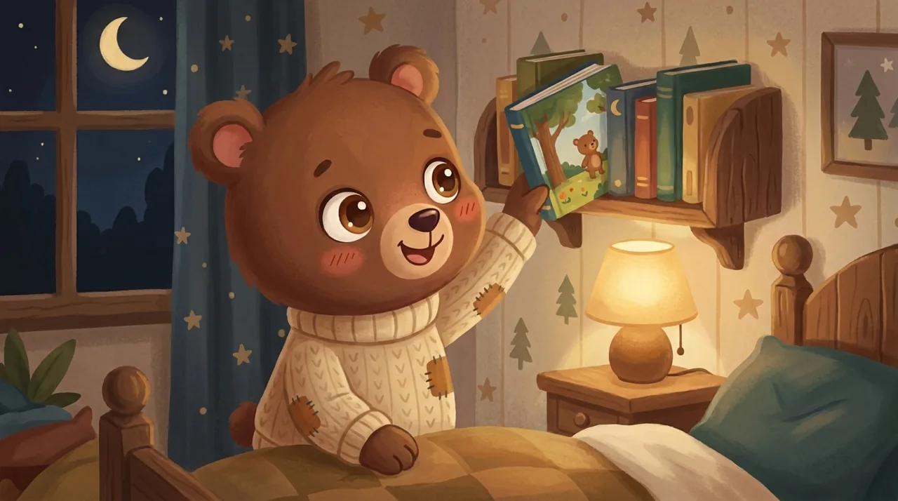 Un enfant en pyjama montre du doigt un livre sur une petite étagère de chambre, dans la lumière douce d'une lampe de chevet.