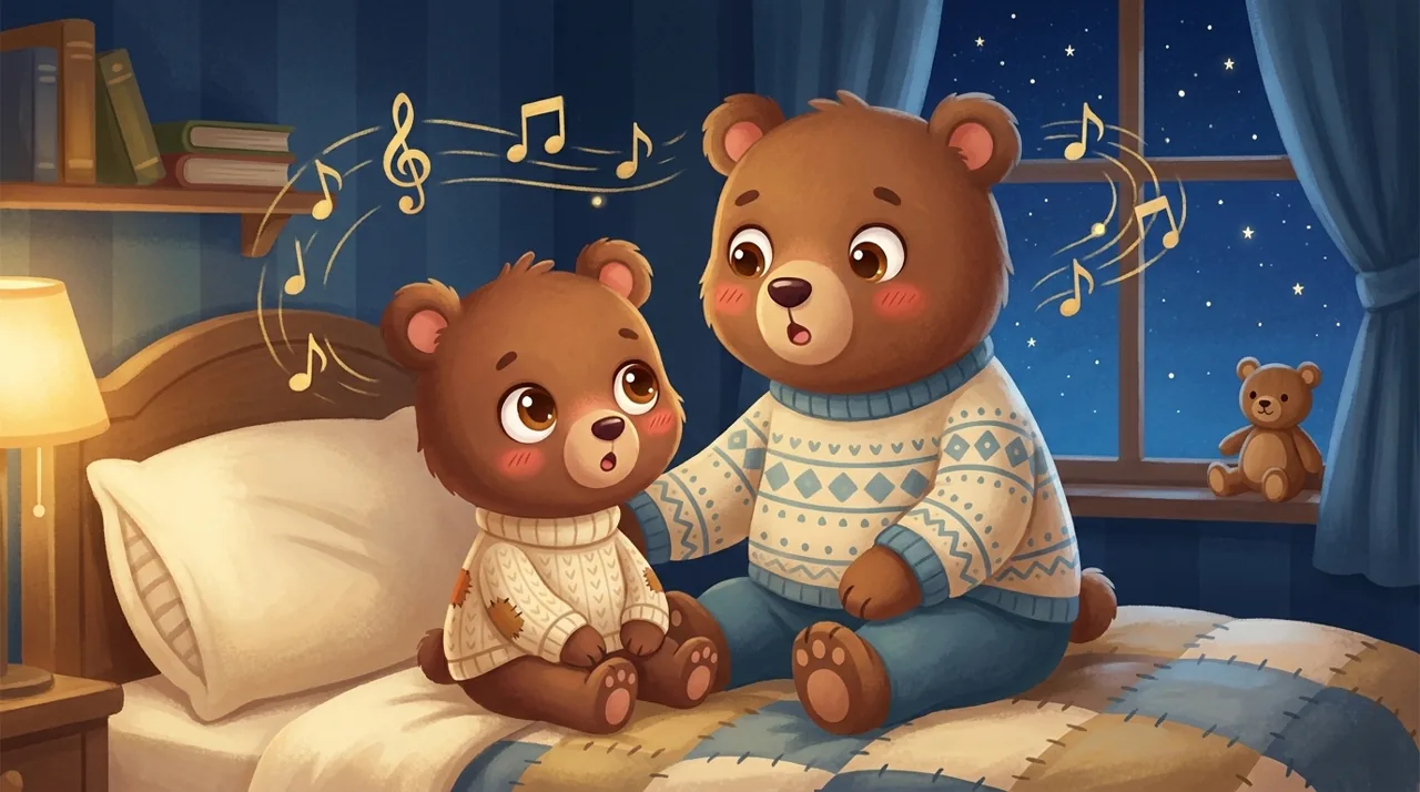 Un parent chante doucement au bord du lit d'un enfant déjà couché, dans une chambre faiblement éclairée le soir.