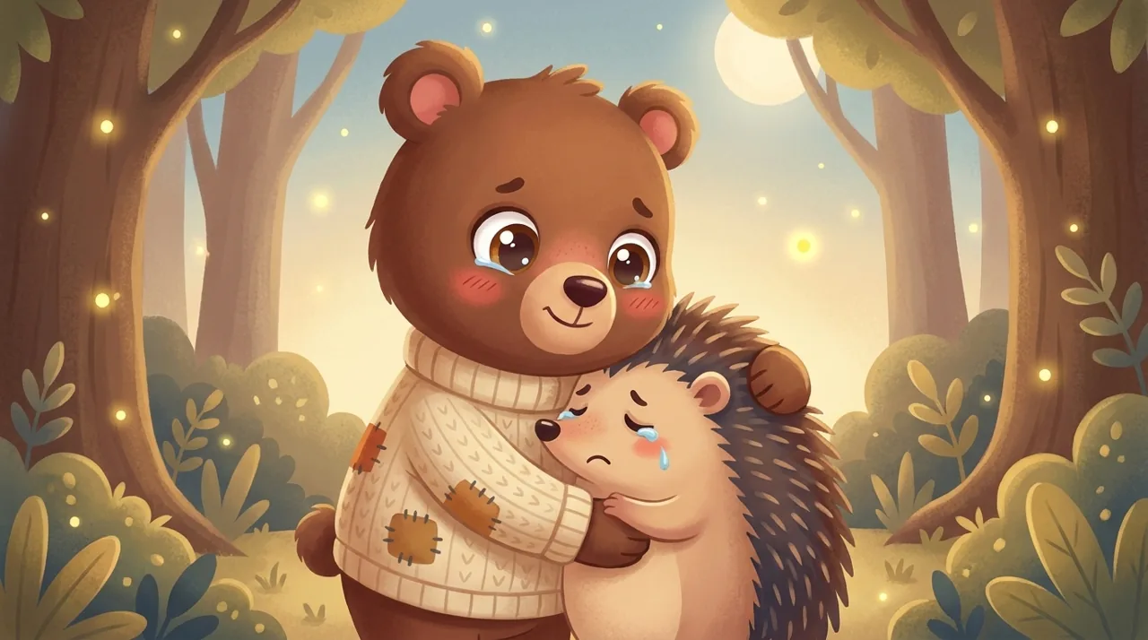 Um personagem pequeno pondo a mão com carinho no ombro de um amigo triste para confortá-lo, numa luz acolhedora.