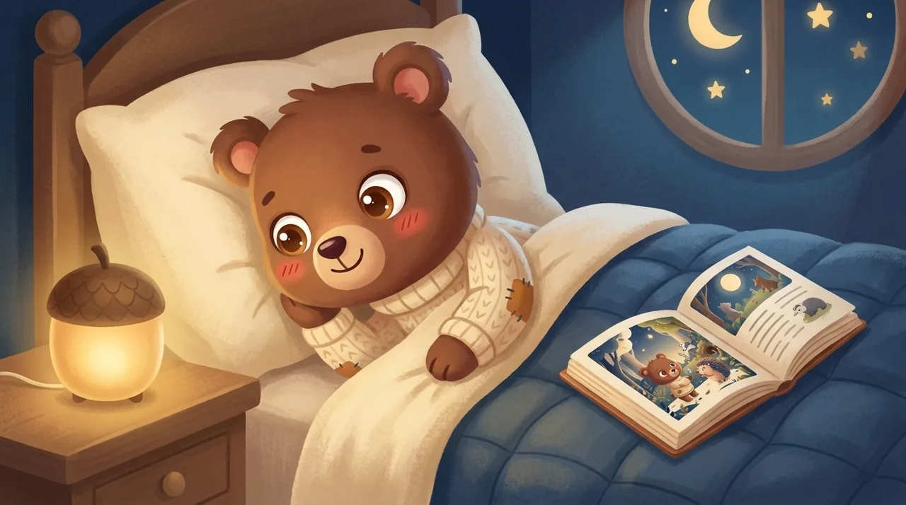 Un padre y un niño acurrucados bajo una manta, un libro abierto al lado y un pequeño altavoz que reproduce un cuento, en una habitación con luz tenue por la noche.