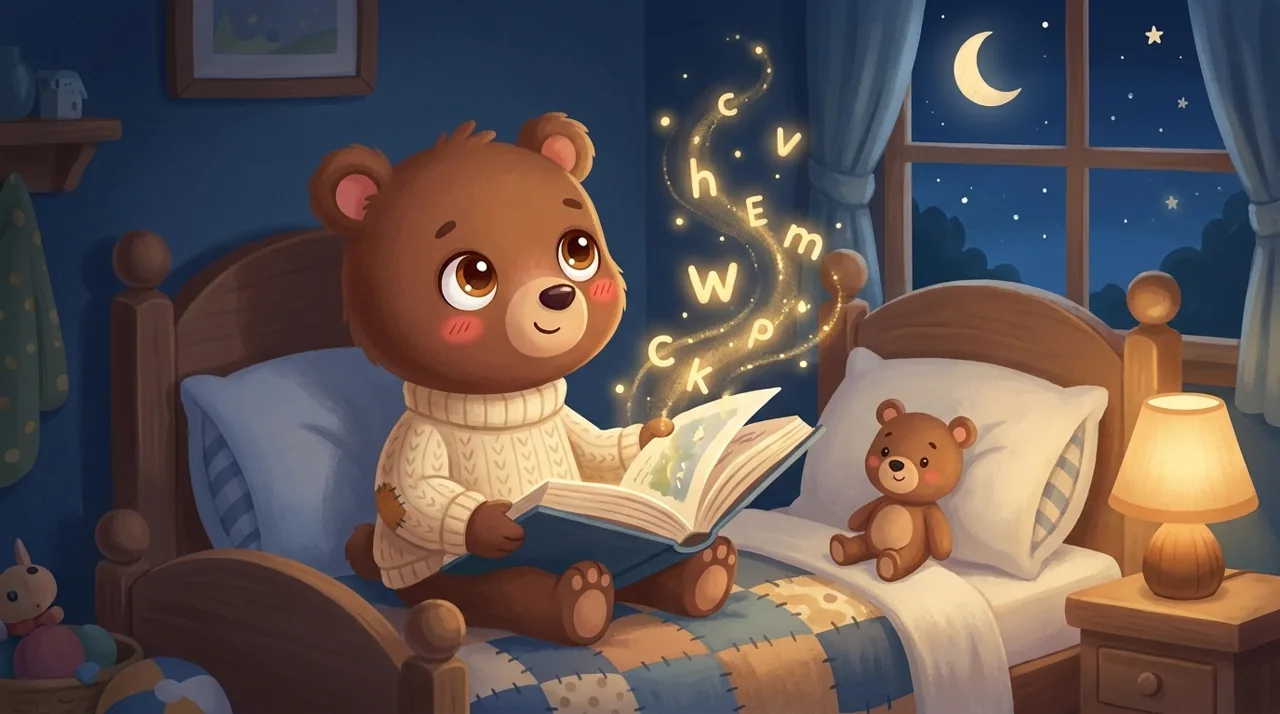 Un enfant attentif, allongé dans son lit, qui écoute une histoire le soir, des petites étoiles et des mots flottant doucement au-dessus de lui dans la pénombre.