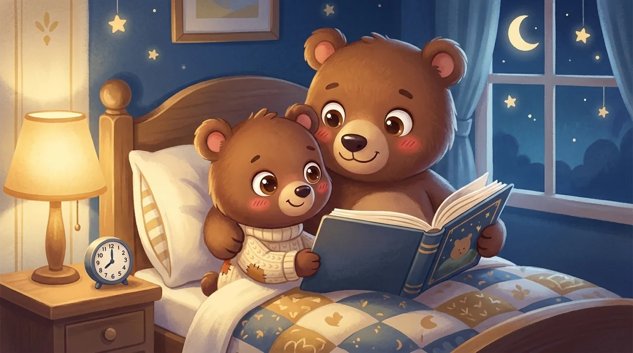 Un padre y su hijo leen un cuento juntos en una cama acogedora, con la luz cálida de una lámpara de noche.
