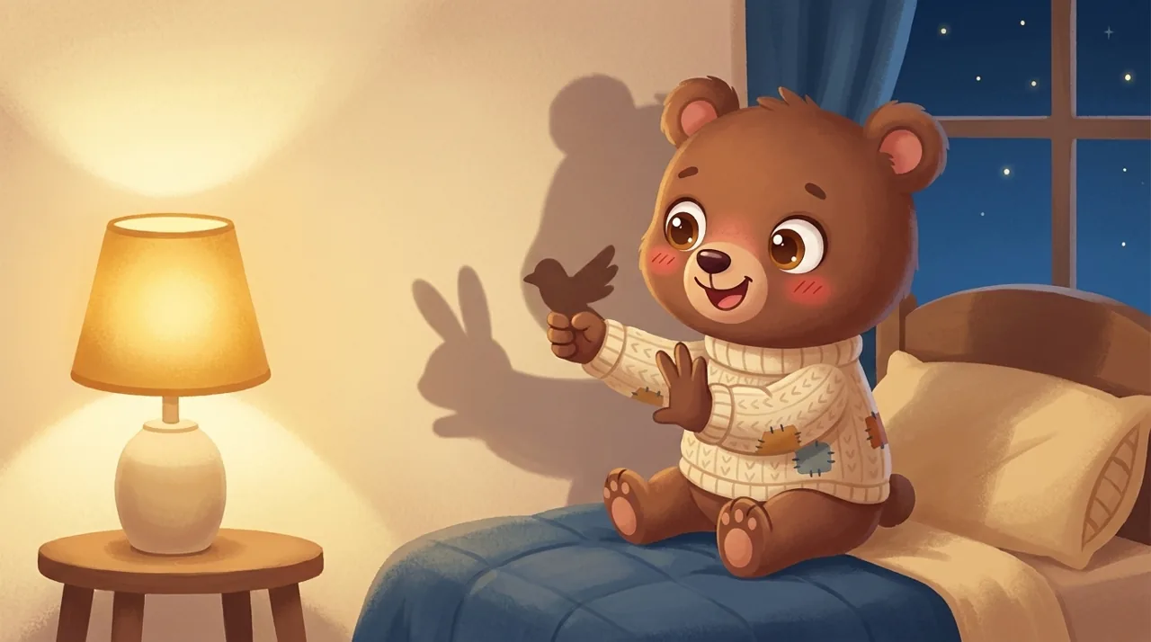 A parent's hand forms a rabbit shadow on the wall of a child's bedroom lit by a small warm lamp.