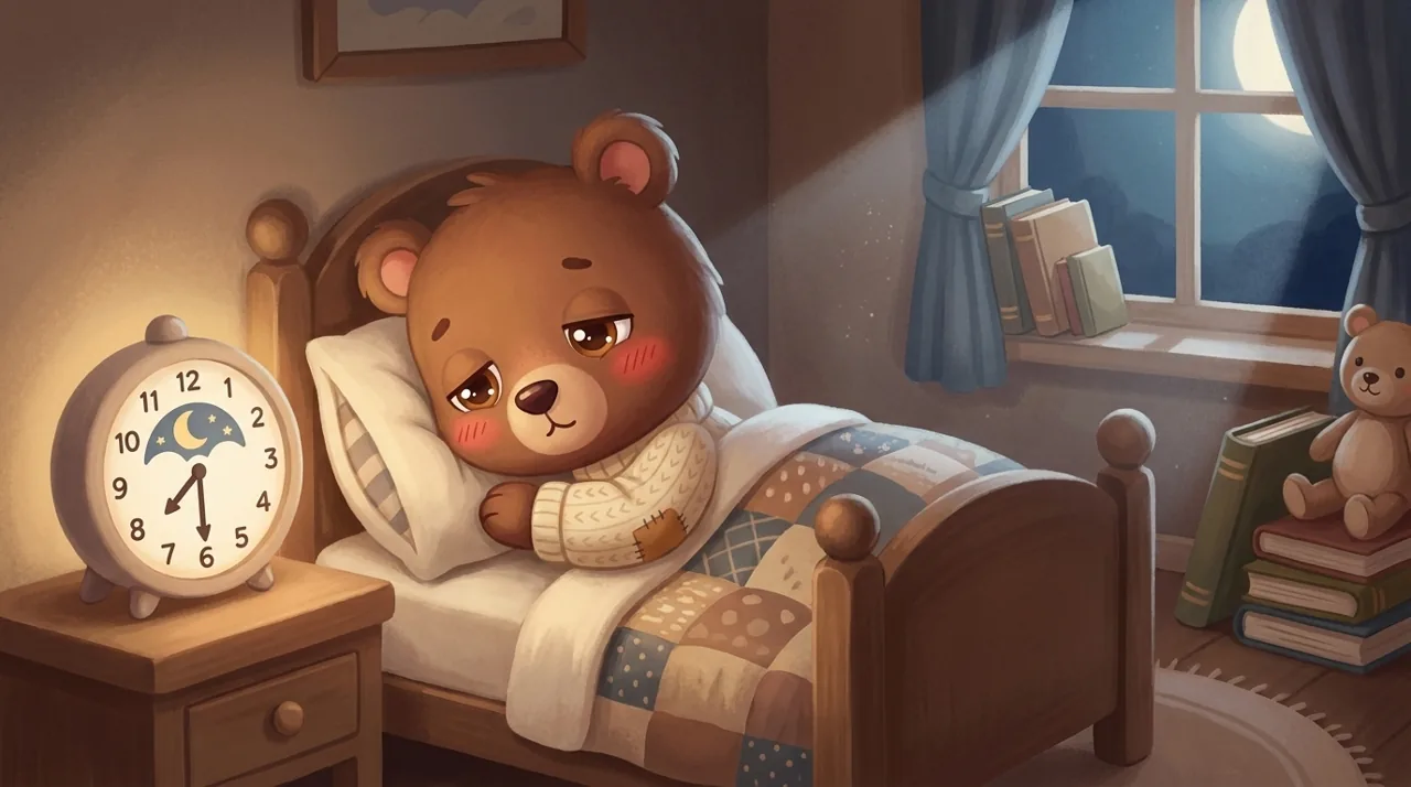 A round clock and a soft night light sitting on a child's bedside table at dusk.
