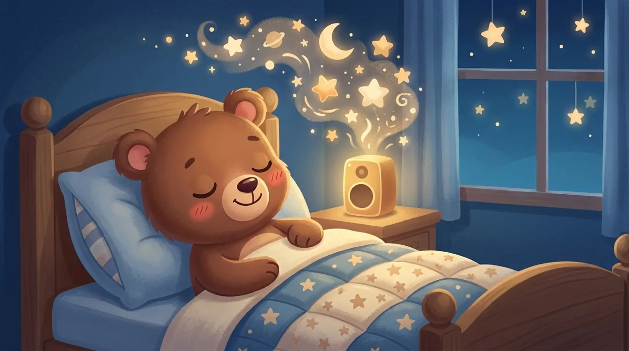 A child lying in bed, eyes closed and a faint smile, while a story plays softly in the dim light of the bedroom.