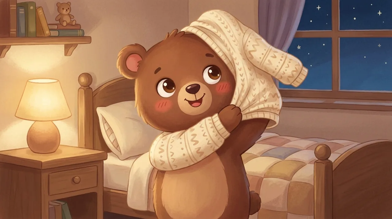 A child in pyjamas, standing in their gentle evening bedroom, proudly pulling on the pyjama top before the story.
