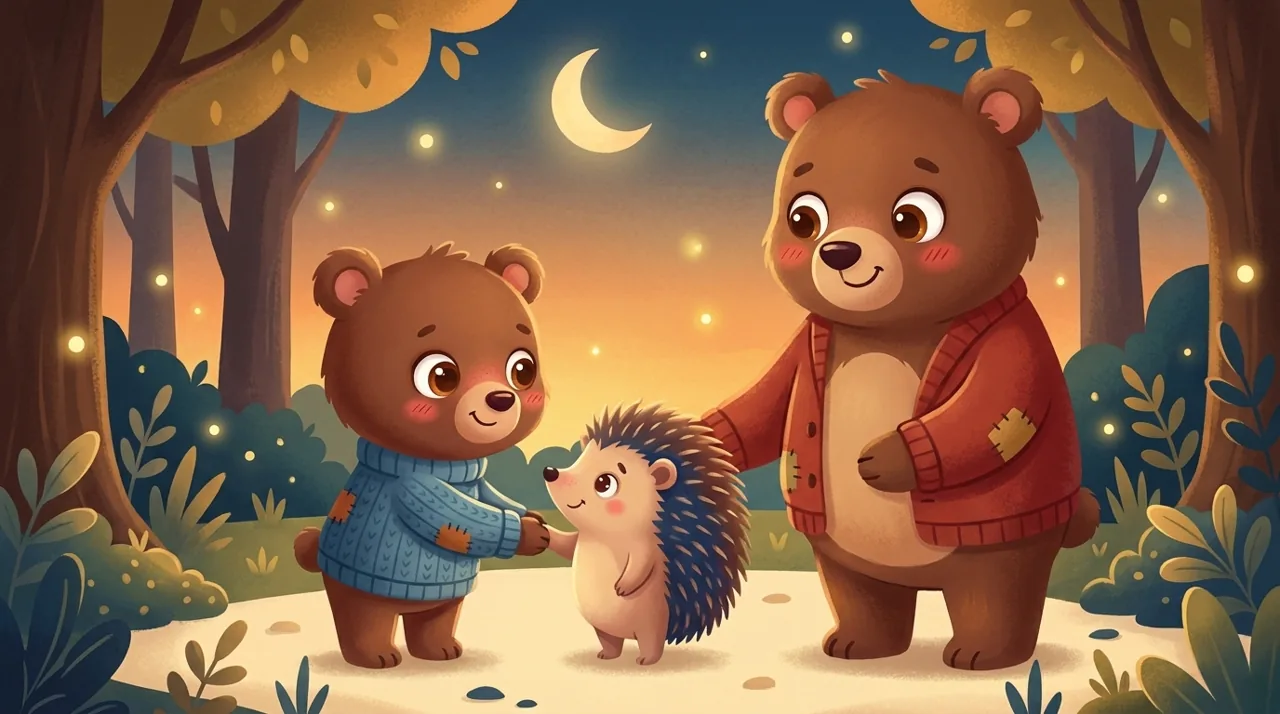 Dois personagens pequenos brigando em torno de um brinquedo, com o pai ou a mãe agachado ao lado escutando com calma, numa luz suave.
