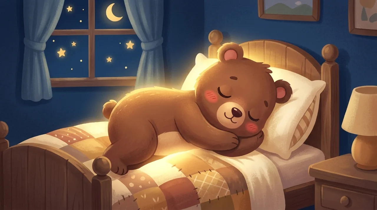 Uma criança dormindo tranquilamente sob um edredom macio, com um abajur aconchegante ao lado da cama.