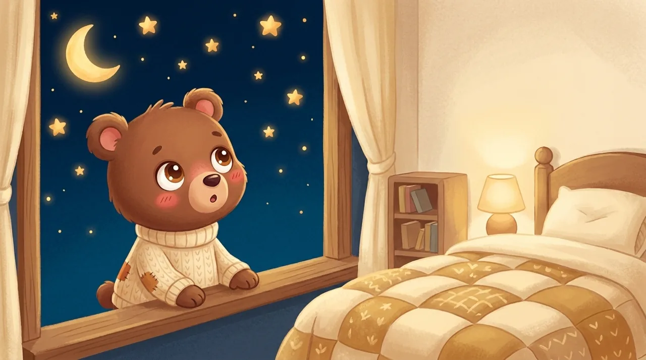 A very deep blue night sky dotted with stars above a child's bedroom lit by a soft little night light.