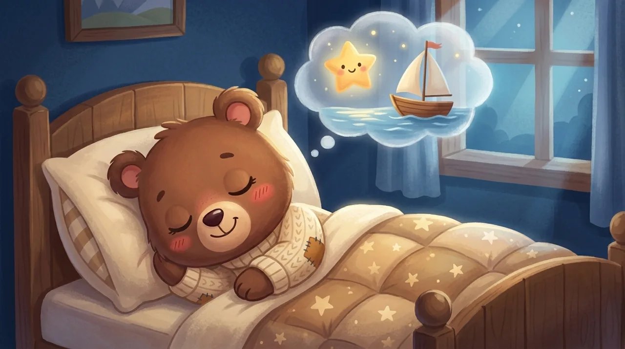 Un enfant endormi paisiblement, entouré de petites bulles de rêve douces et colorées, dans une chambre tamisée le soir.