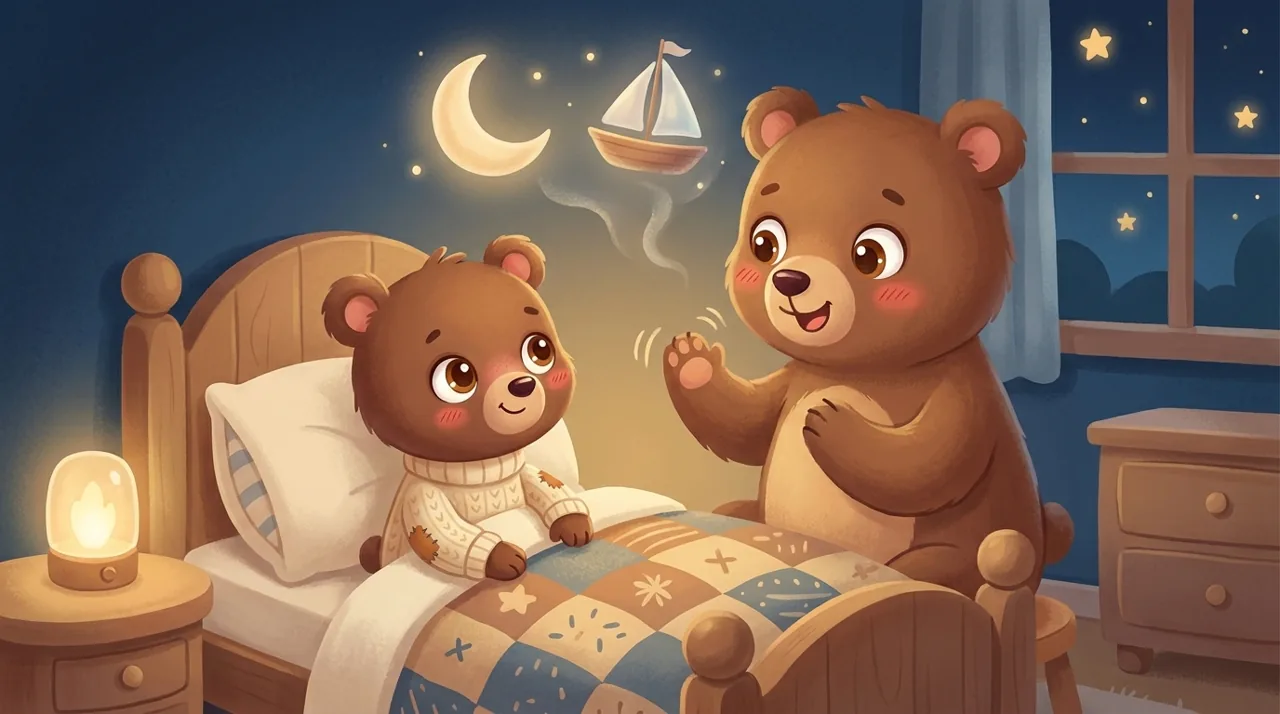 A parent and child snuggled in the dark of a bedroom, the parent telling a story from memory, without a book, by the glow of a night light.