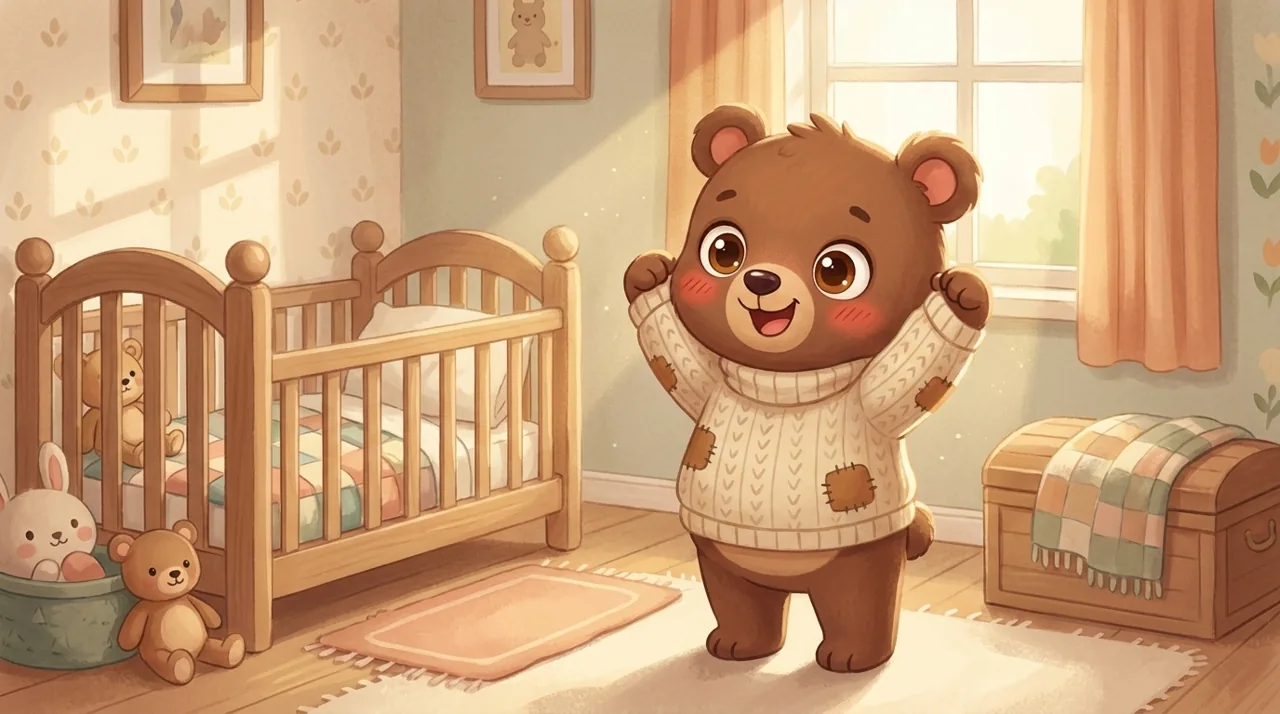 A young child sitting on their bed, focused, pulling on their sweater all by themselves in a bright, gentle bedroom.