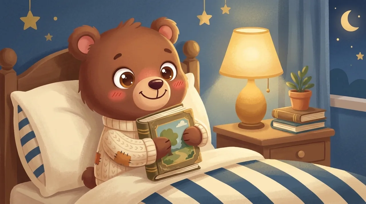 Un enfant tend le même livre un peu usé à son parent, au bord du lit, dans la lumière douce d'une chambre du soir.