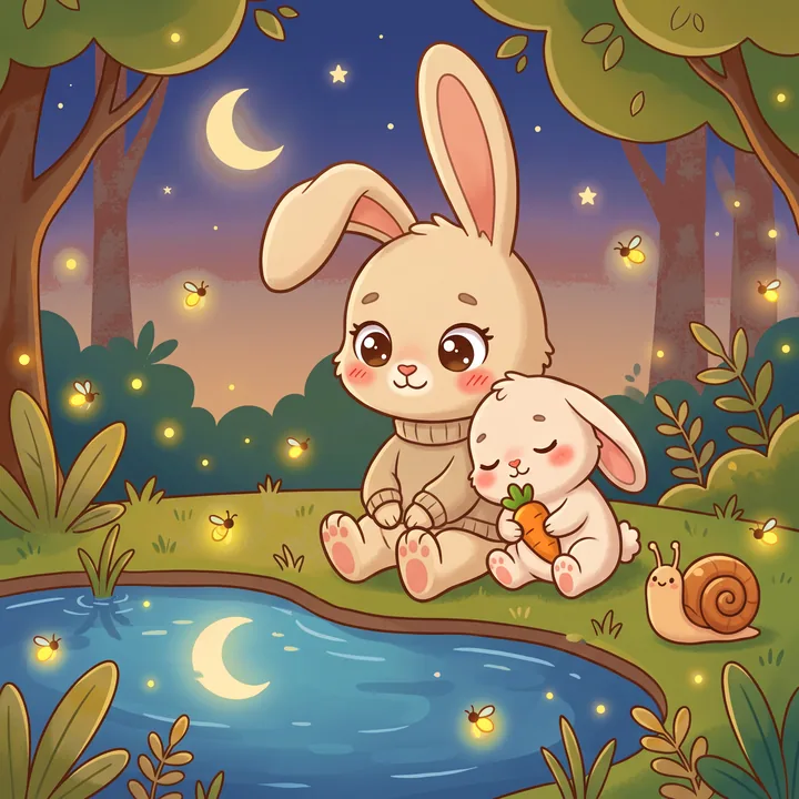 Illustration Tilibou · Capucine la petite lapine et son frère Bo au clair de lune