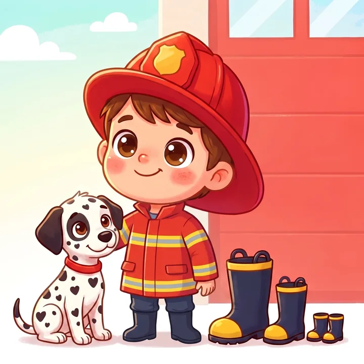 Illustration Tilibou · Nino le petit pompier et son chien Pompon devant la caserne